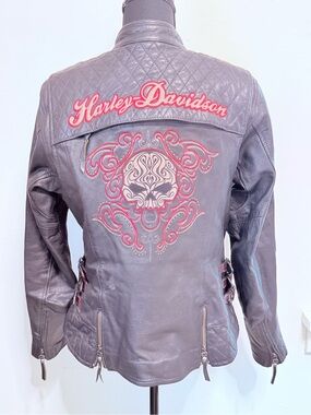 Harley-Davidson Black Leather Jacket with Red Embroidery large